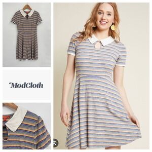ModCloth Womens Striped Fit & Flare‎ Knit Dress White Collar Keyhole Medium